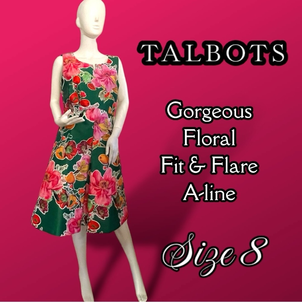 Talbots Green Floral Fit & Flare A-Line Dress - Size 8
